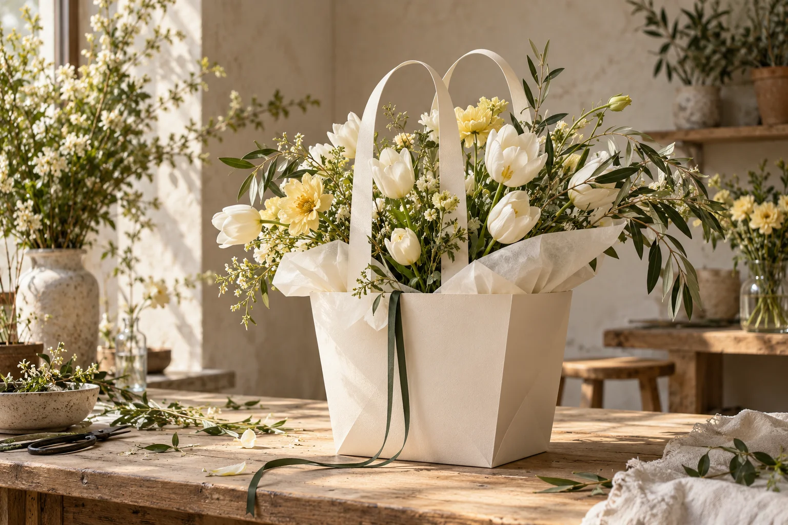 Concept: complete florist packaging scene with a bouquet carrier, wrapping and ribbon